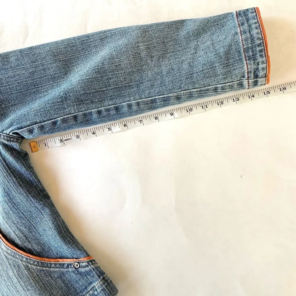 Sigrid Olsen Y2K Crop Denim Jacket Orange Piping Contrast Trim Size 2 Petite - Picture 10 of 10